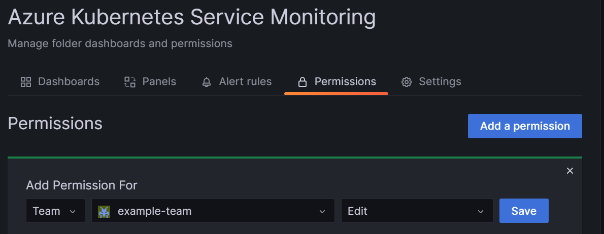 Cuplikan layar UI Grafana, menambahkan izin untuk tim di folder Grafana.