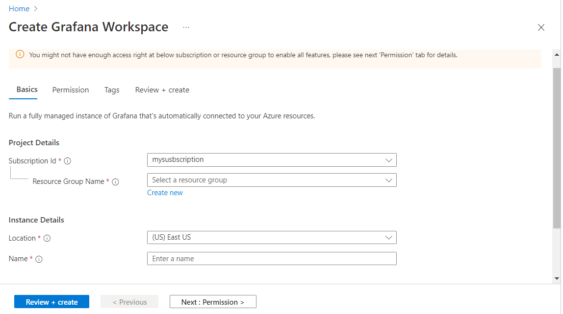 Screenshot of the Azure platform: insufficient access rights alert.