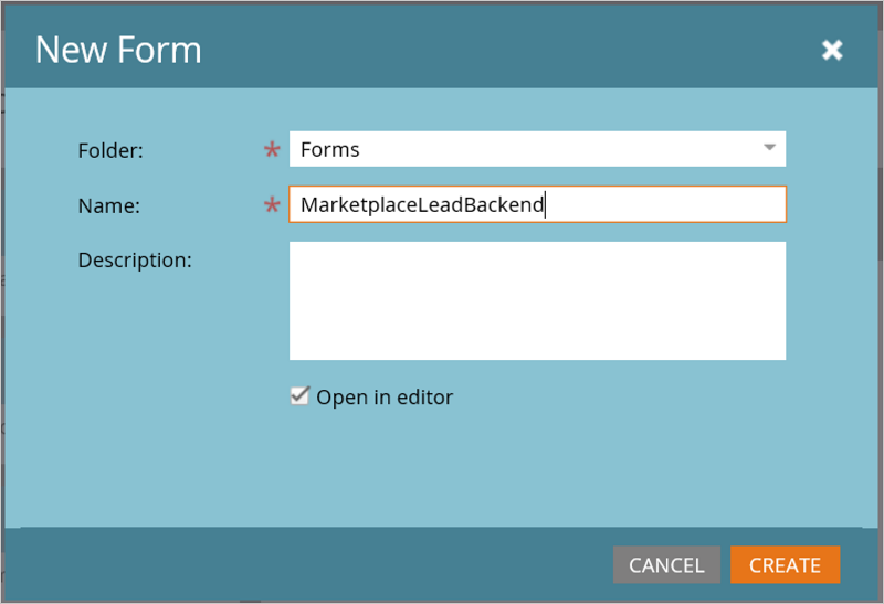 Cuplikan layar memperlihatkan pembuatan Formulir Baru Marketo Design Studio.