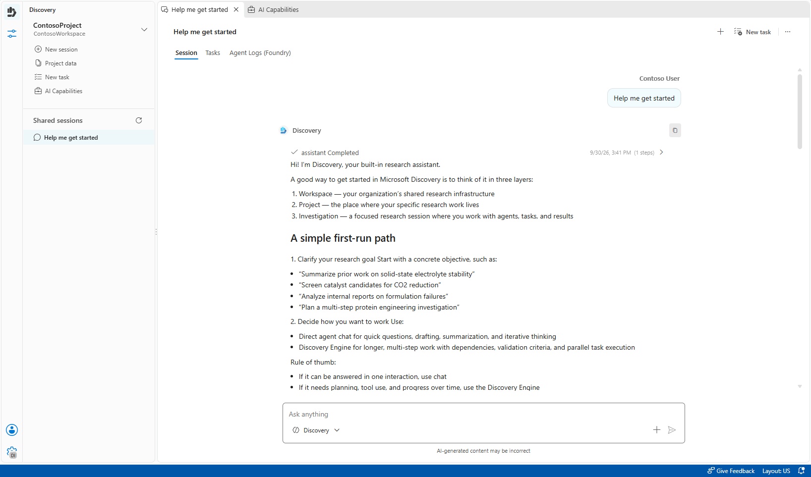 Screenshot memperlihatkan antarmuka obrolan dalam Microsoft Discovery shared session.