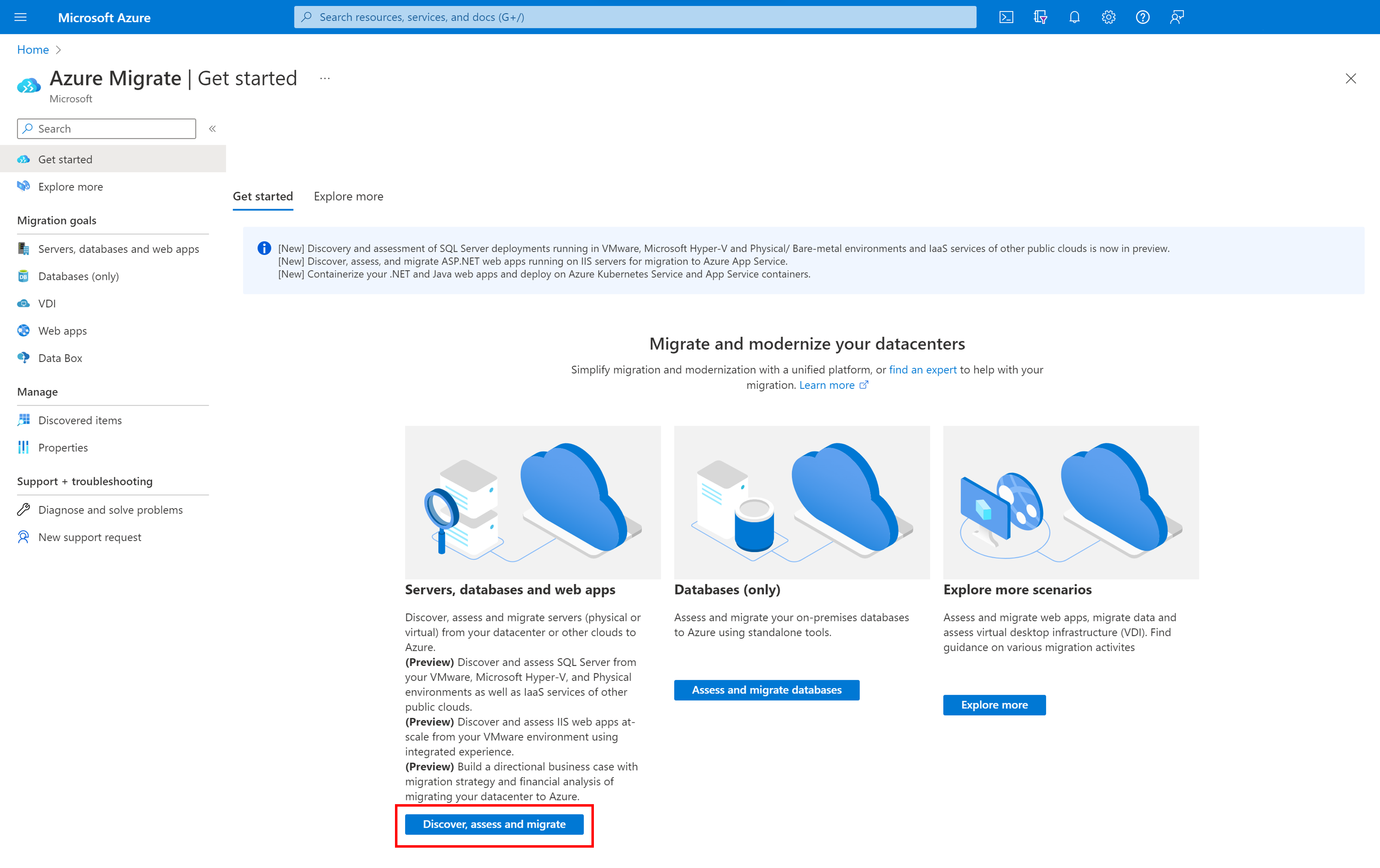 Cuplikan layar tombol temukan, nilai, dan migrasikan server.