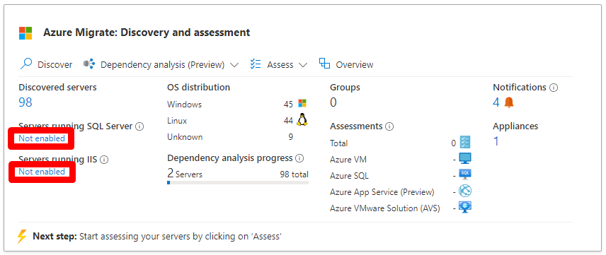 Screenshot of Azure Migrate hub tile with SQL and web apps discovery not enabled.