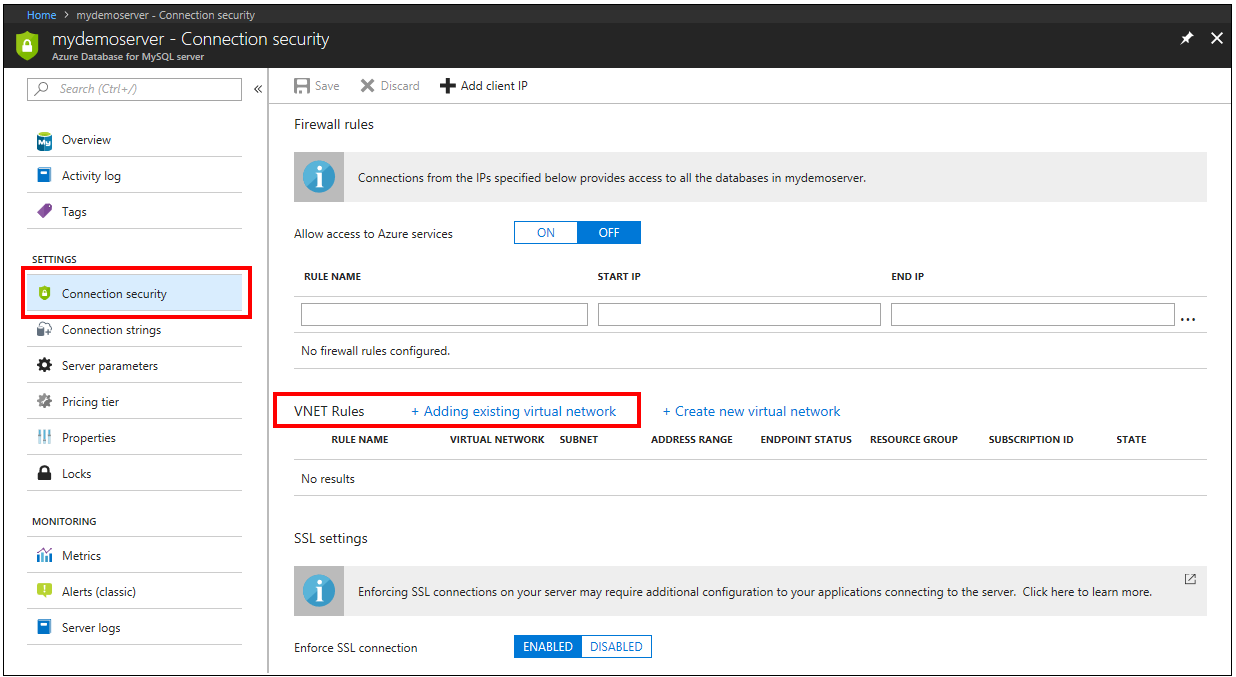 Portal Azure - klik Keamanan Koneksi