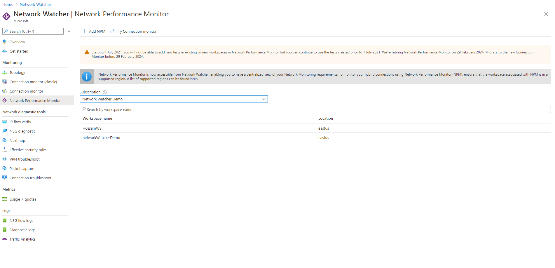 Cuplikan layar yang menunjukkan cara menambahkan solusi Monitor Performa Jaringan di Monitor Sambungan.
