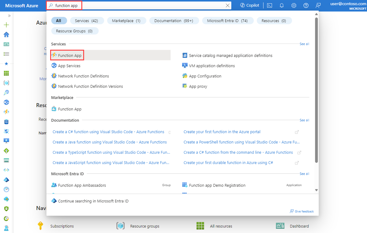 Screenshot that shows how to search for function apps in the Azure portal.