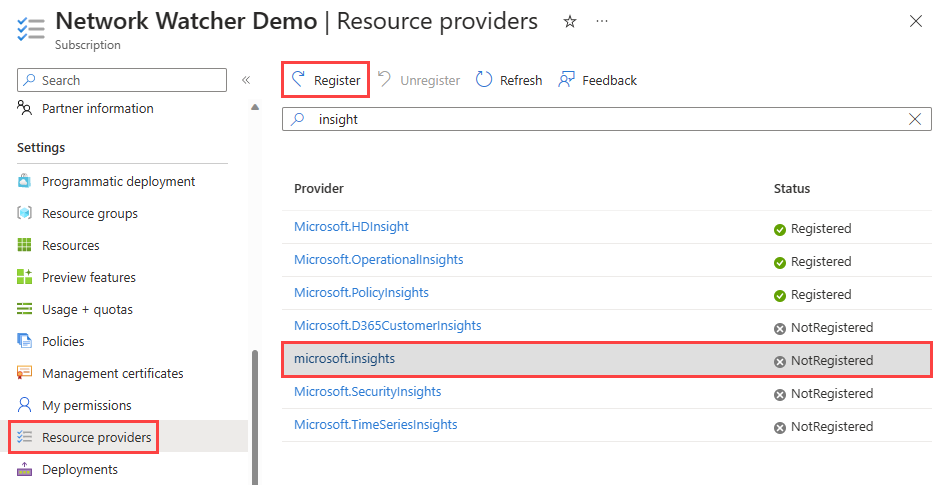 Cuplikan layar mendaftarkan penyedia Microsoft Insights di portal Azure.