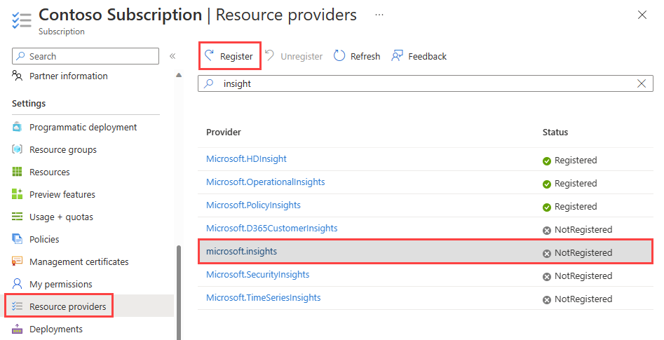 Cuplikan layar mendaftarkan penyedia Microsoft Insights di portal Azure.