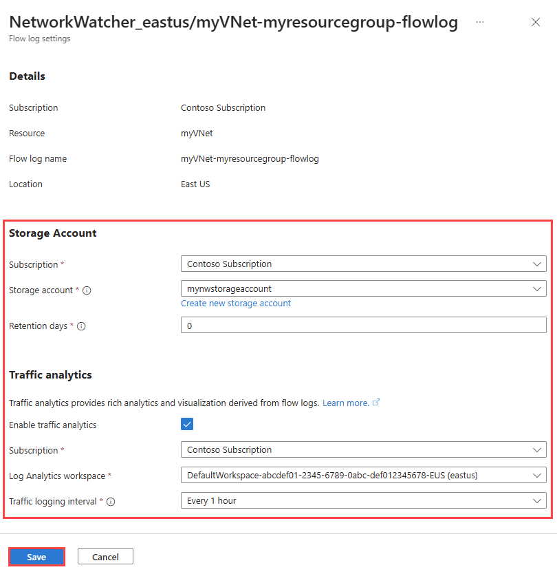 Cuplikan layar yang memperlihatkan cara mengedit pengaturan log alur di portal Azure tempat Anda dapat mengubah beberapa pengaturan log alur jaringan virtual.