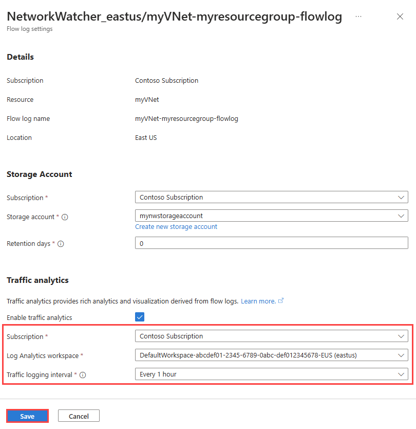 Cuplikan layar yang memperlihatkan konfigurasi analitik lalu lintas untuk log alur yang ada di portal Azure.