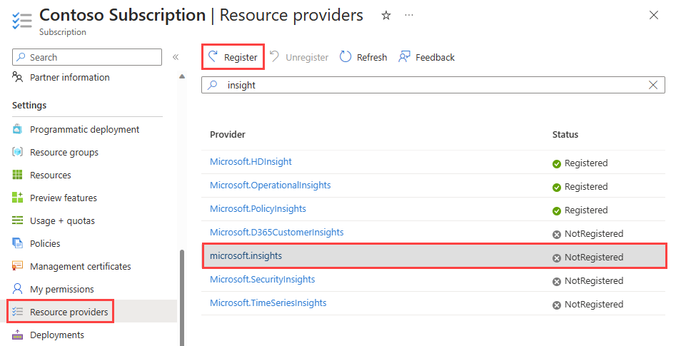Cuplikan layar yang memperlihatkan cara mendaftarkan penyedia Microsoft Insights di portal Azure.