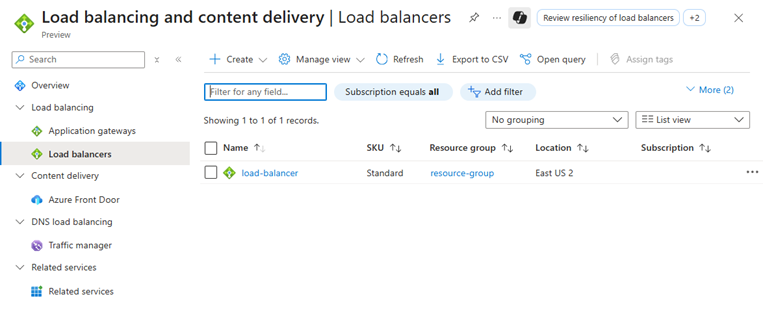 Cuplikan layar manajemen load balancer di portal Microsoft Azure.