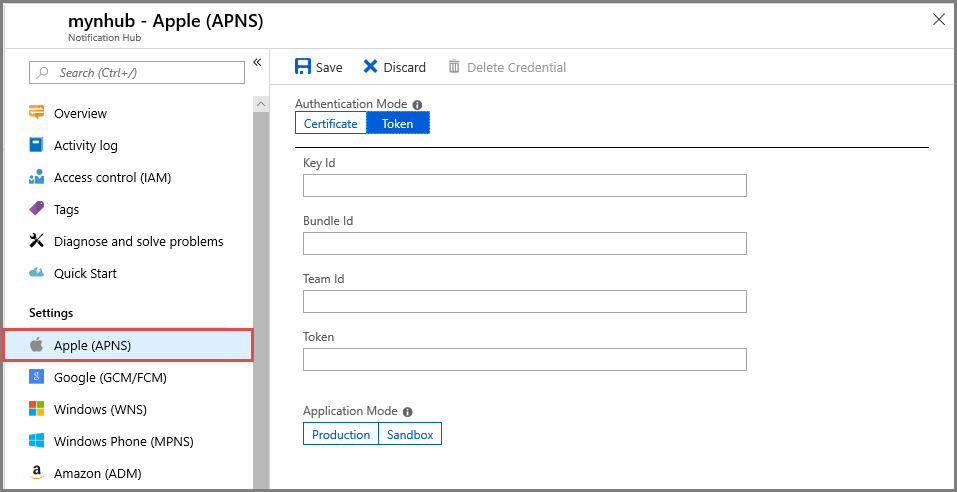 Cuplikan layar konfigurasi token APNS di portal Microsoft Azure