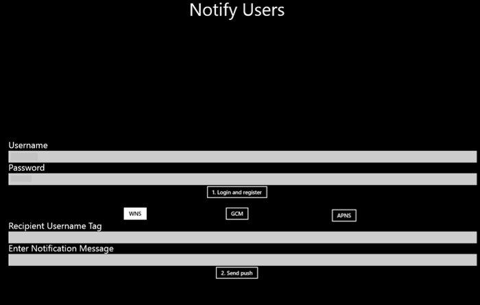 Ambil cuplikan layar aplikasi Notification Hubs yang memperlihatkan nama pengguna dan kata sandi yang telah diisi.