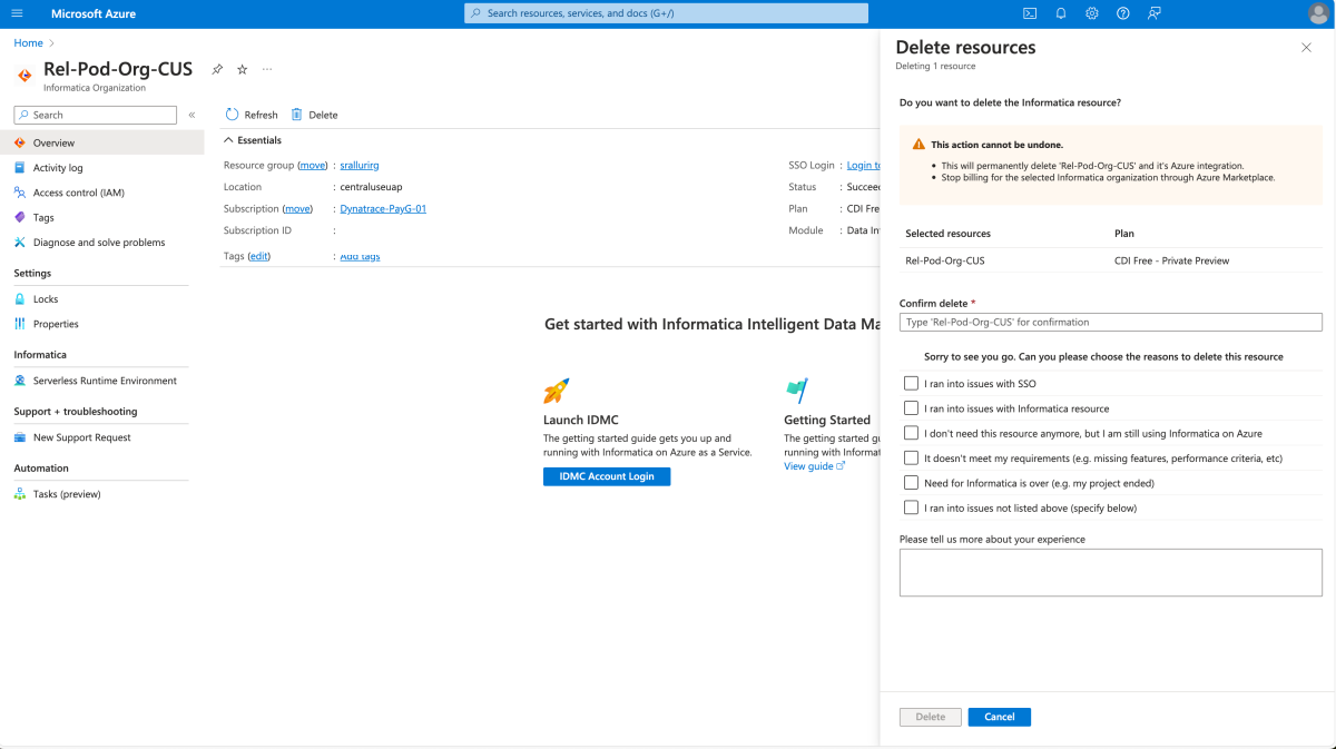 Cuplikan layar memperlihatkan konfirmasi akhir penghapusan untuk sumber daya Informatica.