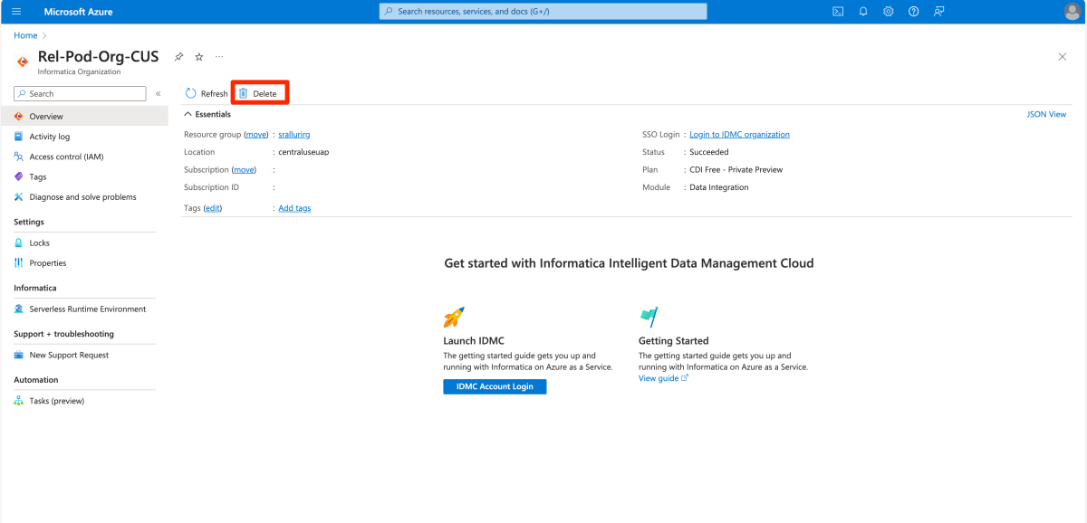 Cuplikan layar memperlihatkan cara menghapus sumber daya Informatica.