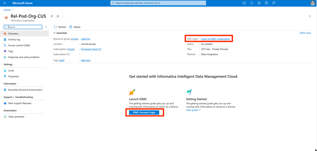 Cuplikan layar memperlihatkan URL Akses Menyeluruh di panel Gambaran Umum sumber daya Informatica.