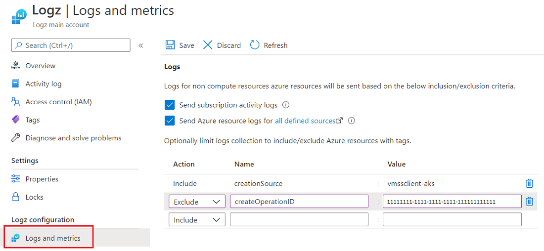 Logs and metrics configuration.