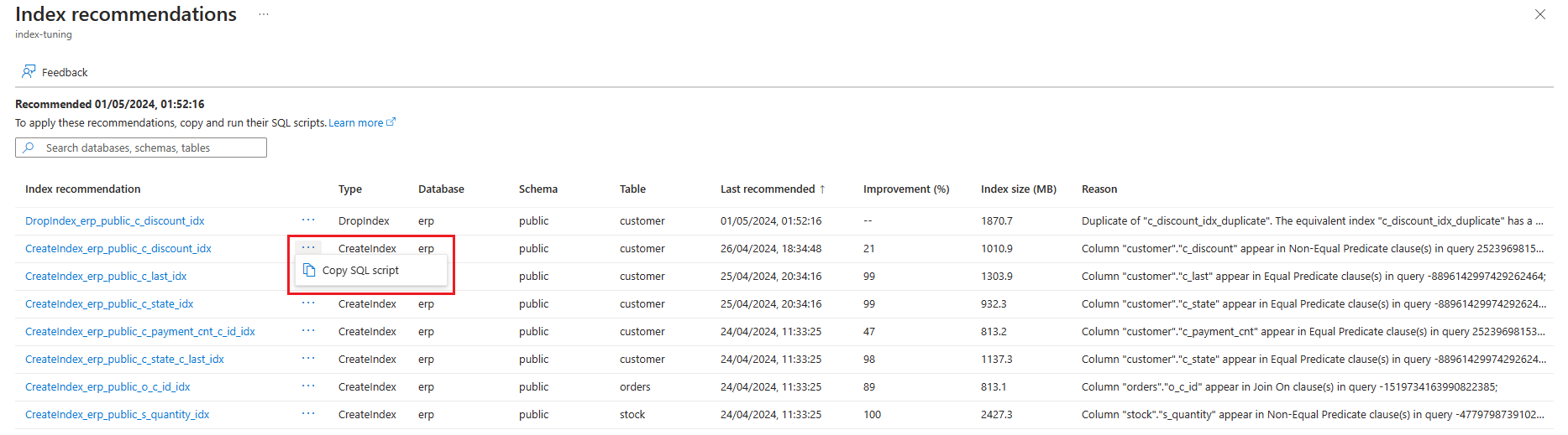 Cuplikan layar yang memperlihatkan cara menyalin pernyataan SQL dari halaman 'Rekomendasi indeks'.