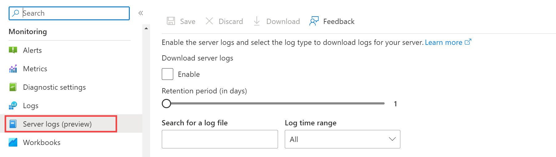 Cuplikan layar memperlihatkan log server fleksibel Azure Database for PostgreSQL.