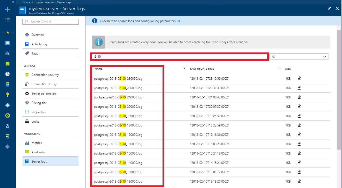 Cuplikan layar halaman log Server, dengan kotak pencarian dan hasil disorot