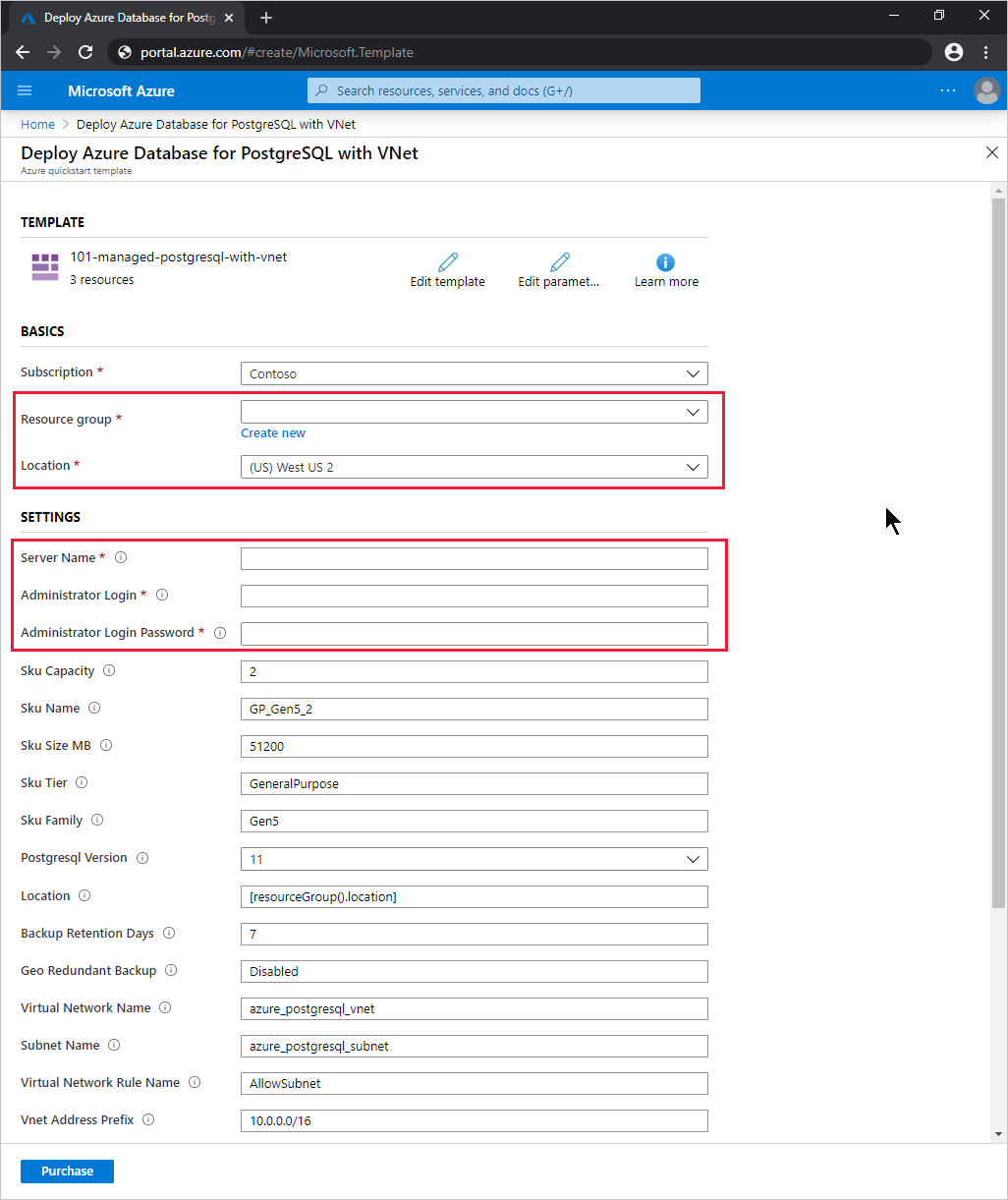 Sebarkan Azure Database for PostgreSQL dengan jendela VNet, templat mulai cepat Azure, portal Microsoft Azure