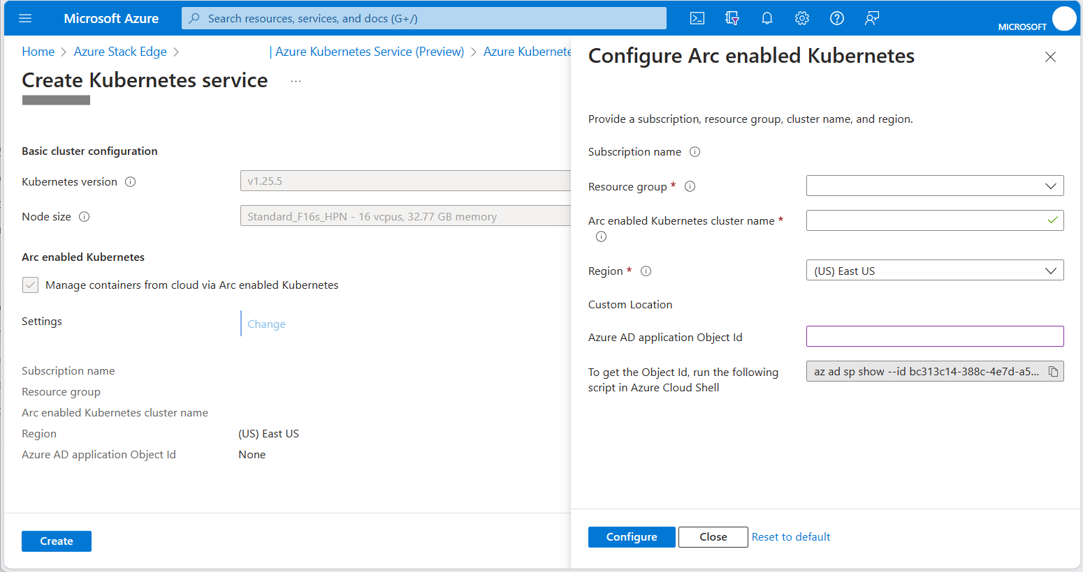 Cuplikan layar panel Konfigurasikan Kubernetes yang diaktifkan Arc, memperlihatkan tempat memasukkan OID lokasi kustom.