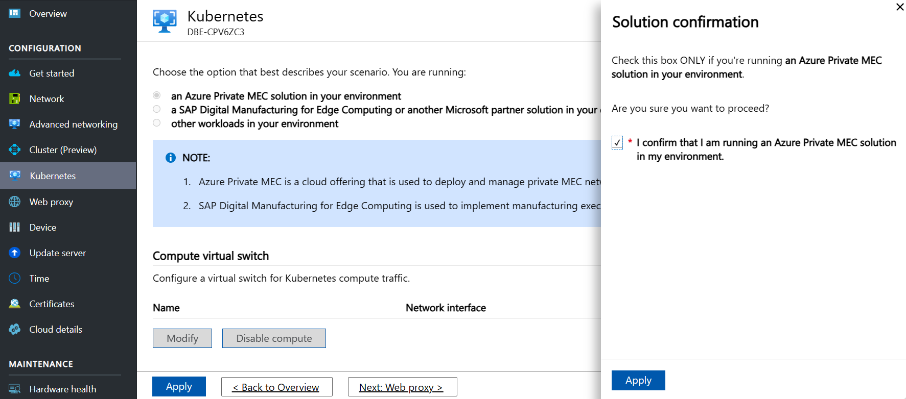 Cuplikan layar menu konfigurasi ASE Kubernetes. Tombol radio AZURE Private MEC dipilih. Popup konfirmasi Beban Kerja dilapisi.