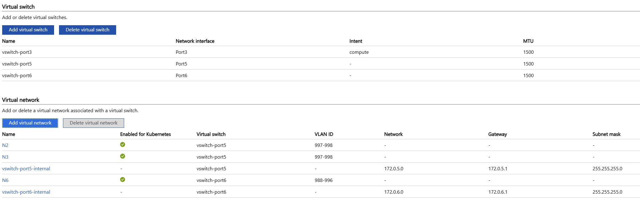 Cuplikan layar memperlihatkan Kubernetes (Pratinjau) dengan dua tabel. Tabel pertama disebut Sakelar virtual komputasi dan yang kedua disebut Jaringan virtual. Tanda centang hijau menunjukkan bahwa jaringan virtual diaktifkan untuk Kubernetes.