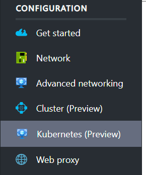 Cuplikan layar menu konfigurasi, dengan Kubernetes (Pratinjau) disorot.