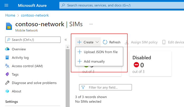 Cuplikan layar portal Azure memperlihatkan tombol Buat dan opsinya - Unggah JSON dari file dan Tambahkan secara manual.