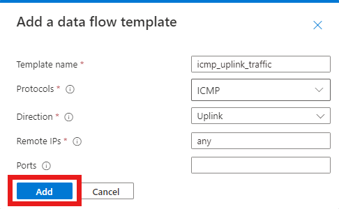 Cuplikan layar portal Azure. Pop-up Tambahkan templat aliran data ditampilkan dan tombol Tambahkan disorot.