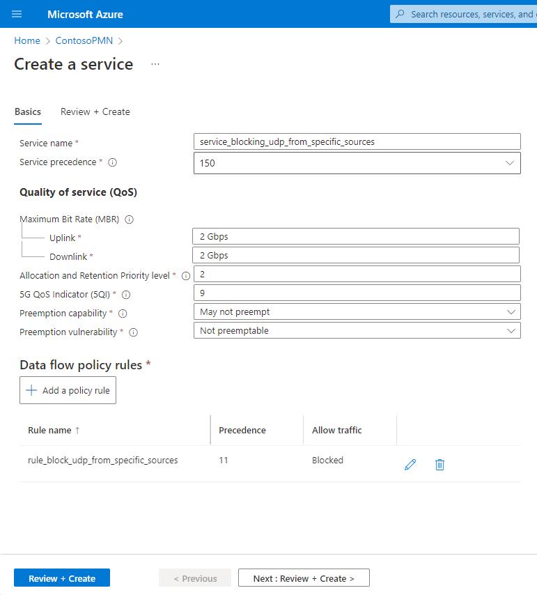 Cuplikan layar portal Azure. Ini menunjukkan bidang yang telah selesai bagi layanan untuk memblokir UDP dari sumber tertentu, termasuk aturan kebijakan aliran data.