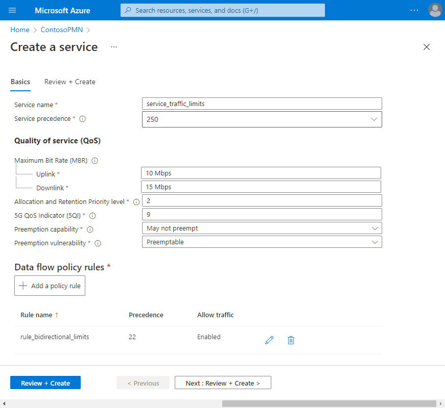 Cuplikan layar portal Azure. Ini menunjukkan bidang yang diselesaikan agar layanan membatasi lalu lintas, termasuk aturan kebijakan aliran data.