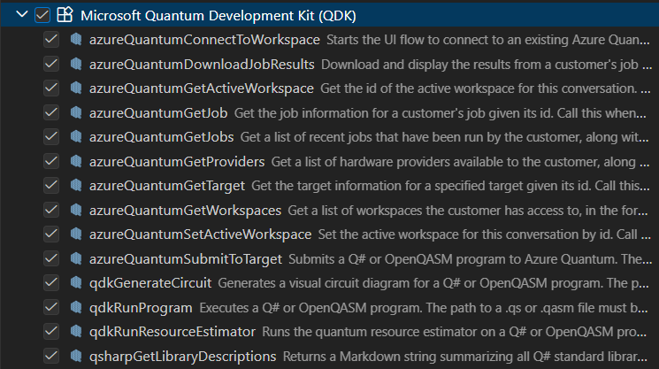 Screenshot yang memperlihatkan semua alat QDK dipilih di jendela Konfigurasi Alat di Visual Studio Code.