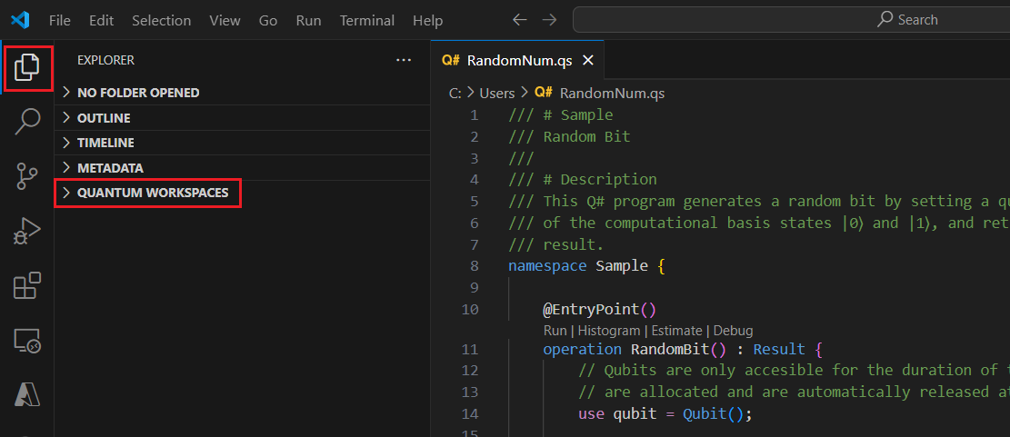Cuplikan layar Visual Studio Code memperlihatkan cara memperluas panel Ruang Kerja Quantum.