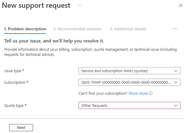Cuplikan layar memperlihatkan permintaan dukungan peningkatan kuota baru di portal Azure.