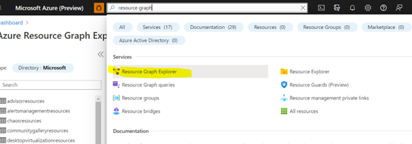 Cuplikan layar Azure Resource Graph Explorer di portal.