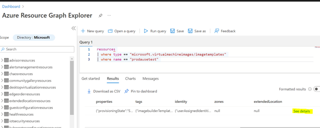 Cuplikan layar menggunakan pencarian Azure Resource Graph Explorer.