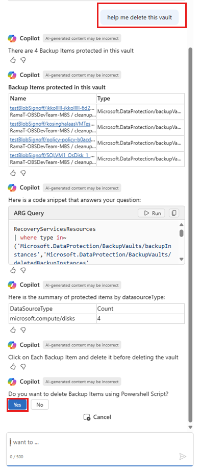 Cuplikan layar memperlihatkan opsi untuk mengunduh skrip penghapusan vault dari Copilot.