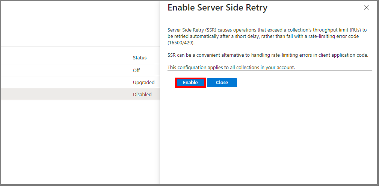 Cuplikan layar yang memperlihatkan cara mengaktifkan Percobaan Kembali Sisi Server.