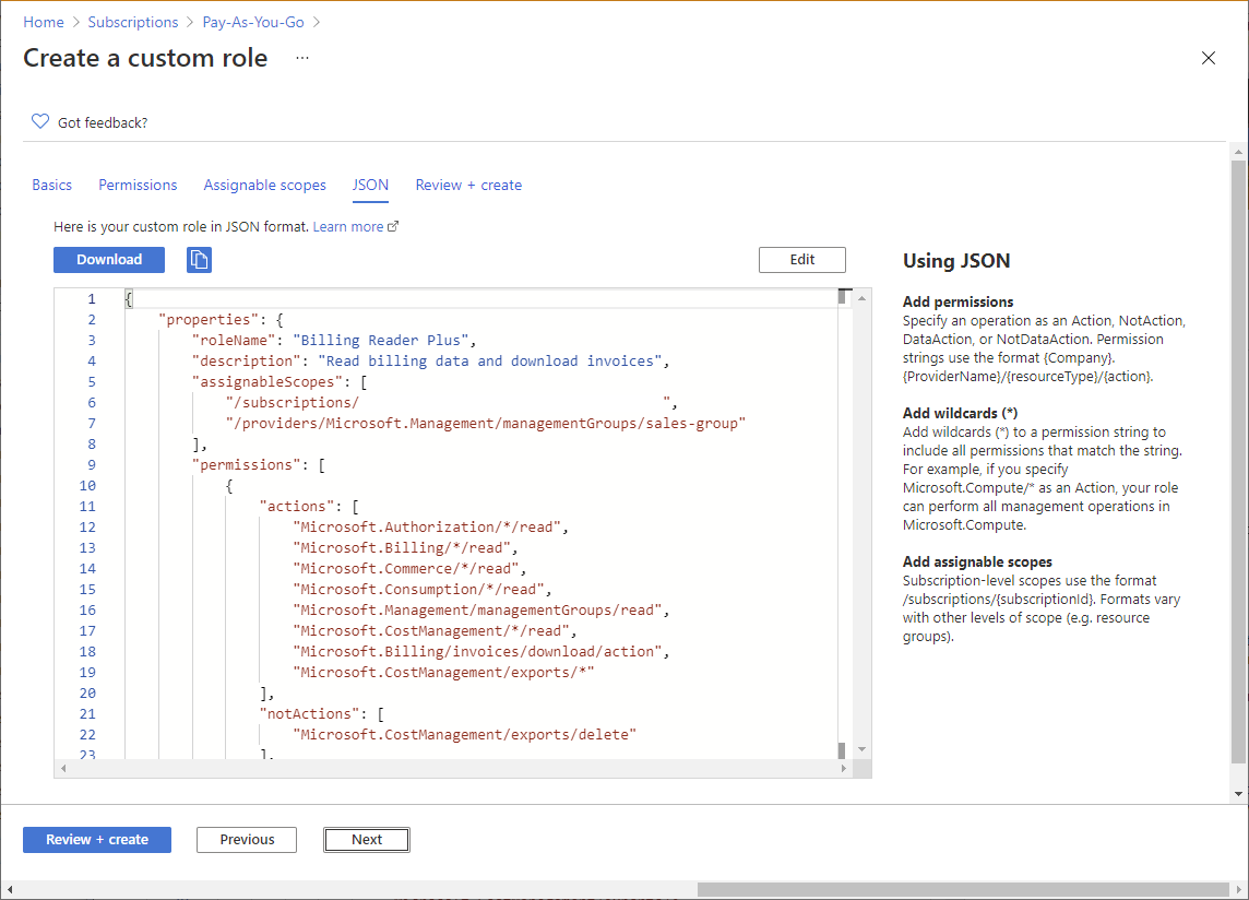 Tab JSON memperlihatkan peran kustom
