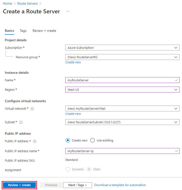 Cuplikan layar halaman buat Azure Route Server.