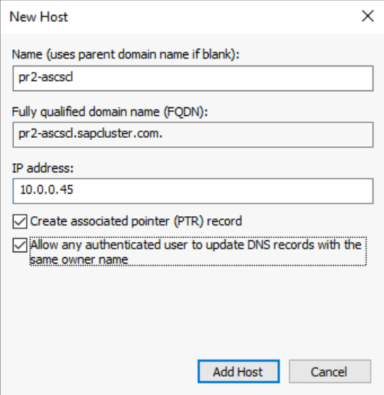 Cuplikan layar yang memperlihatkan opsi untuk menentukan entri DNS untuk nama virtual dan alamat IP kluster SAP ASCS/SCS.