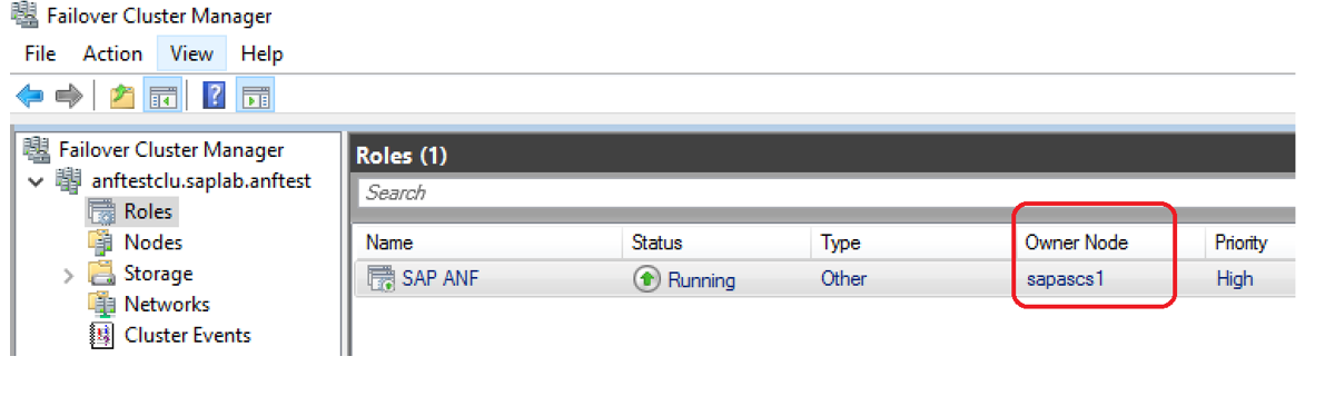 Gambar 1: Sumber daya kluster failover Windows Server yang berjalan pada simpul A sebelum pengujian failover