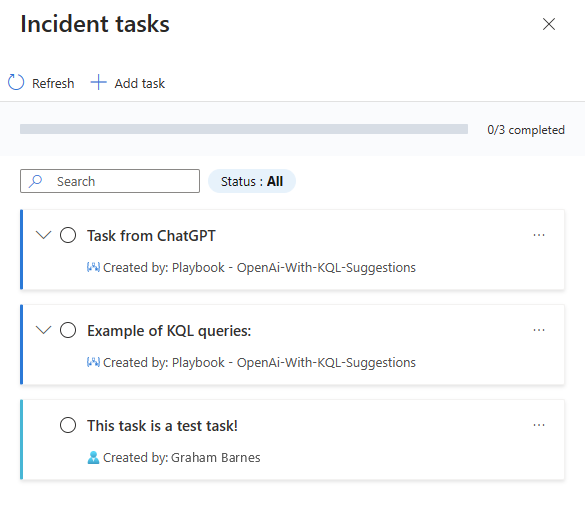 Screenshot shows incident tasks panel.
