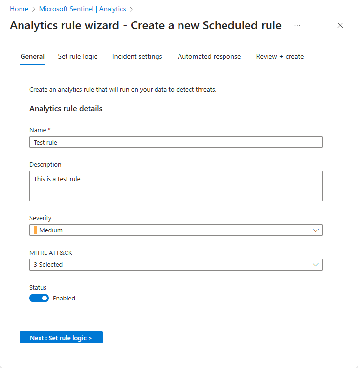 Cuplikan layar yang menampilkan wizard aturan Analitik untuk membuat aturan baru di Microsoft Azure Sentinel.