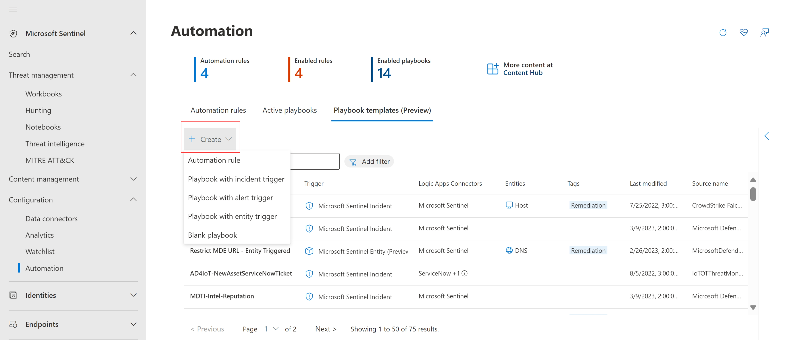 Cuplikan layar memperlihatkan portal Pertahanan dan halaman Otomatisasi Microsoft Sentinel dengan Buat dipilih.