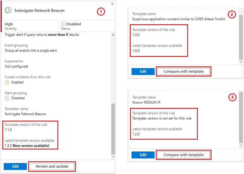 Cuplikan layar panel detail. Gulir ke bawah untuk melihat nomor versi template.