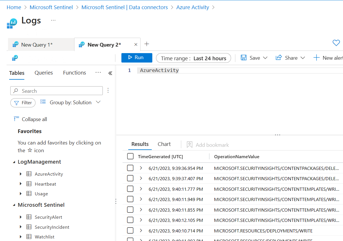 Cuplikan layar jendela kueri log dengan hasil yang dikembalikan untuk kueri Aktivitas Azure.