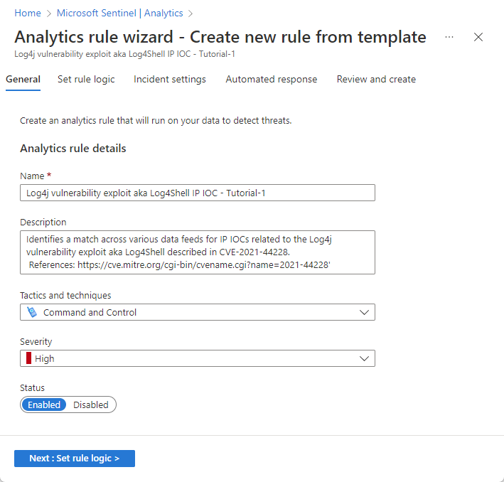 Cuplikan layar tab Umum dari wizard aturan Analytics.